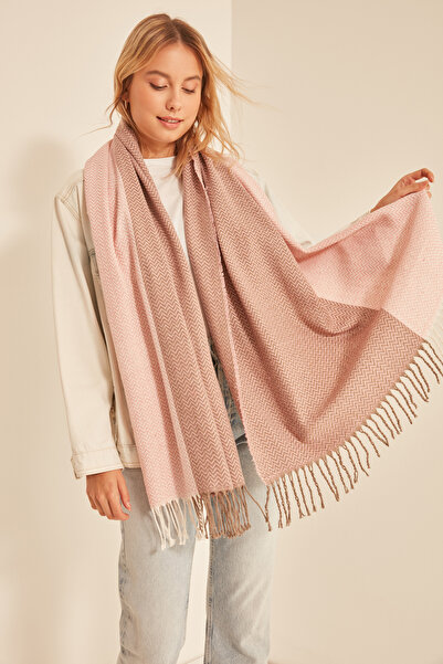 Axesoire 13803 Yumuşak Dokulu Balıksırtı Desenli Pembe Kalın Omuz Şal Atkı