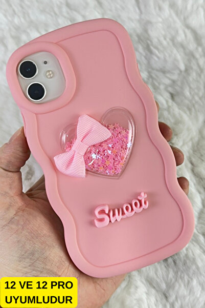 Vip Case iPhone 12 ve 12 Pro Uyumlu Renkli Kalp Kurdele Detaylı Simli Dalgalı...