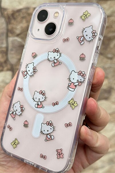 Vip Case Apple iPhone 13 Ve 14 Uyumlu Kılıf Hello Kitty Desenli Magsafe Özellikli Sert Şeffaf V-Mags 277