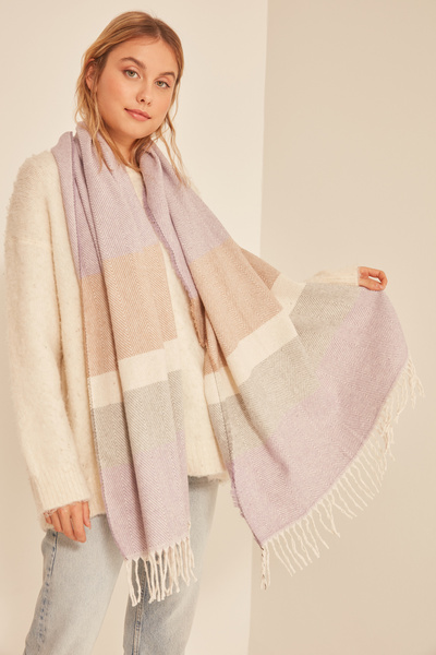 Axesoire 13809 Yumuşak Dokulu Balık Sırtı Desenli Lila-Bej Kalın Omuz Şal Atkı