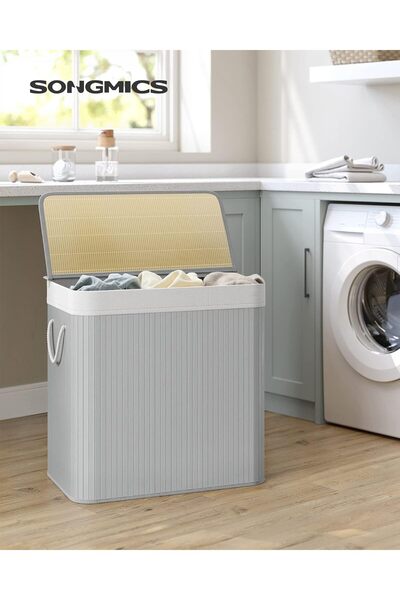 Optim Solution Bamboo Laundry Basket, Foldable, Detachable Washable Lining, 3 Compartments, 150L, 60x40x62cm, Grey