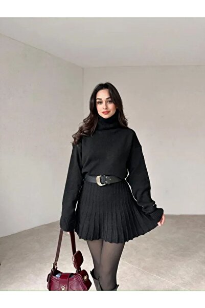 ARONLİ Women's Knitwear Tunic Sweater and Pleated Mini Skirt Set