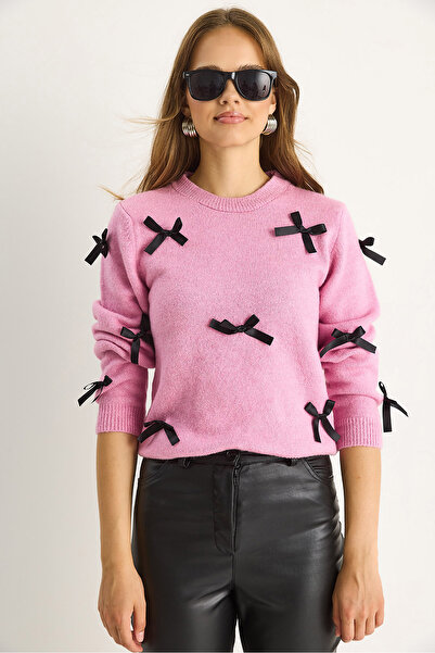 Bianco Lucci Pulover de tricotat obișnuit cu fundă pentru femei 20246871