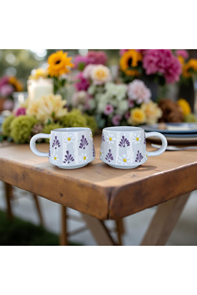 İlbay Çini Takı 2 Pieces Handcrafted Ceramic Lilac Mug with White Daisy Pattern
