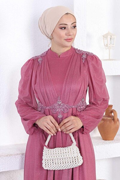 Missvalle Βραδινό φόρεμα με πέρλες και γκλίτερ Dusty Rose 12252