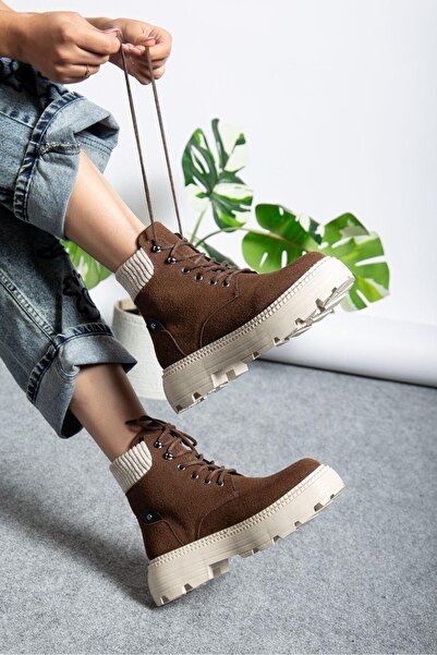 motto store Acı Kahve Süet Lastikli Bağlamalı Düz Taban Kadın Bot