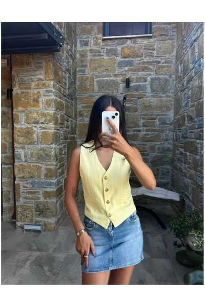 lovmi Women's V-Neck Buttoned Lined Linen Vest