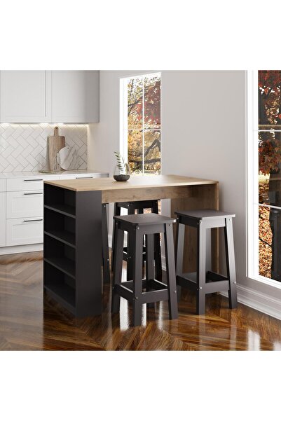 Bimossa Pablo G4923 4 Adet Antrasit Tabureli Bar Masası Sepet Antrasit 4 Raf Depolamalı Modern Mutfak Masası