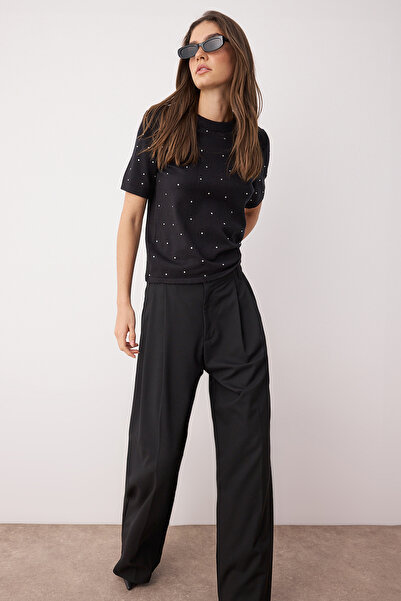 Trendyol Collection Pulover de tricotaj cu fir premium negru/fir special detaliat de prelucrare a pietrei TWOAW26KZ00059
