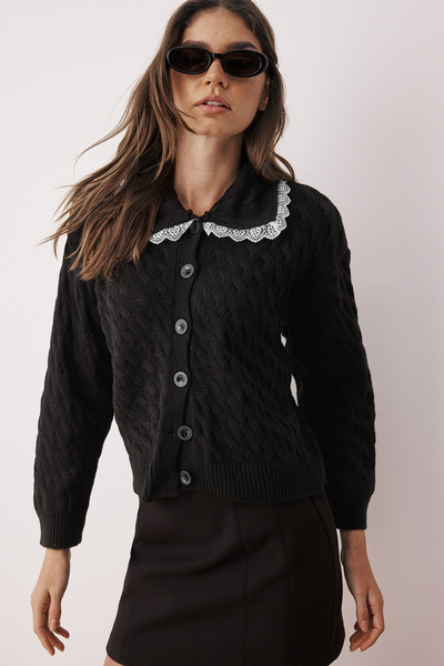 Trendyol Collection Black Collar Lace Garnish Hair Knit Polo Collar Knitwear ...