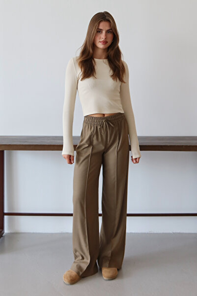 Trendyol Collection Camel Ribbed Wide Leg Long Woven Trousers Twoaw26Pl00111