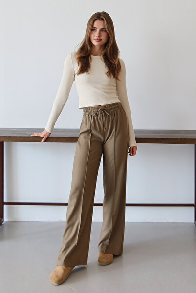 Trendyol Collection Camel Ribbed Wide Leg Long Woven Trousers Twoaw26Pl00111