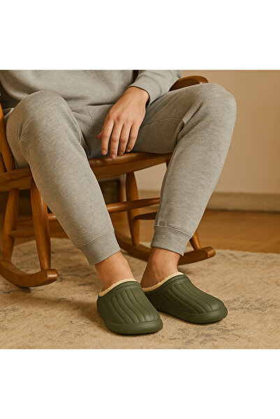 Beyond Unisex Khaki Homey Απαλό Μαλλί Εσωτερικά Αδιάβροχες Παντόφλες Χειμερινού Σπιτιού 3cm BYNDHFAY01