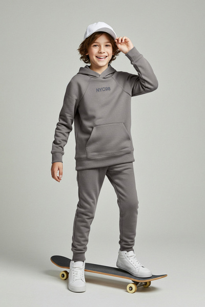 TRENDYOLKIDS Anthracite Cotton Hooded Polo Neck Oversize Knitted Boys' Bottom - Top Set Tkdaw26Au00009