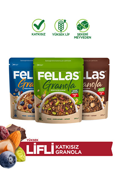 Fellas Granola (200 g) 3'lü Mix Paket - Yaban Mersinli + Fındık & Kakao + Antep Fıstıklı