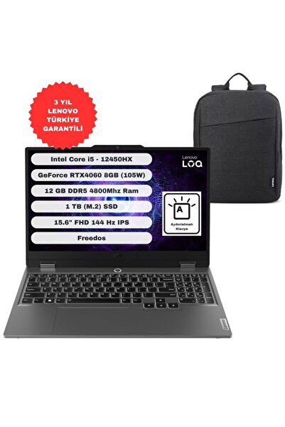 LENOVO LOQ GTICNT Core i5 12450HX 12GB 1TB SSD RTX4060 Freedos 15.6” FHD 83GS00PHTR + Çanta Hediyeli