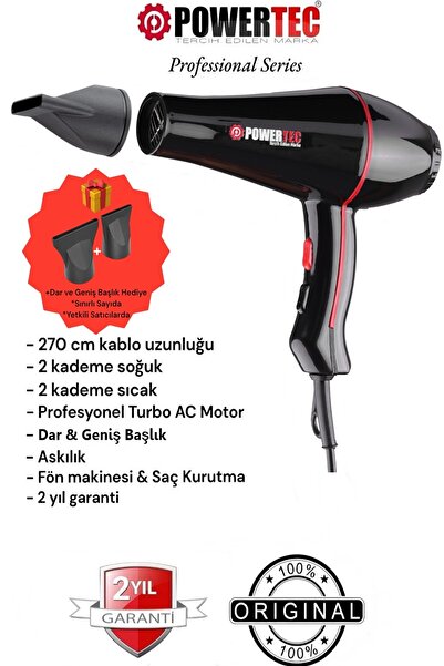 POWERTEC TR-601 (2500 W) Turbo Professional Series Fön Makinesi & Saç Kurutma 2.7m Uzun Kablolu Yeni Versiyon
