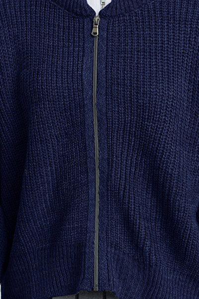 Trendyol Collection Indigo Wide Fit Bomber Collar Zip-Up Knitwear Cardigan Twoaw24Hi00153