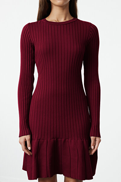 Trendyol Collection Burgundy Mini Pleated Knitwear Dress Twoaw24El00013