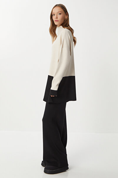 Happiness İstanbul Női fekete bézs kontraszt színű pulóver nadrág kötöttáru szett YY00272