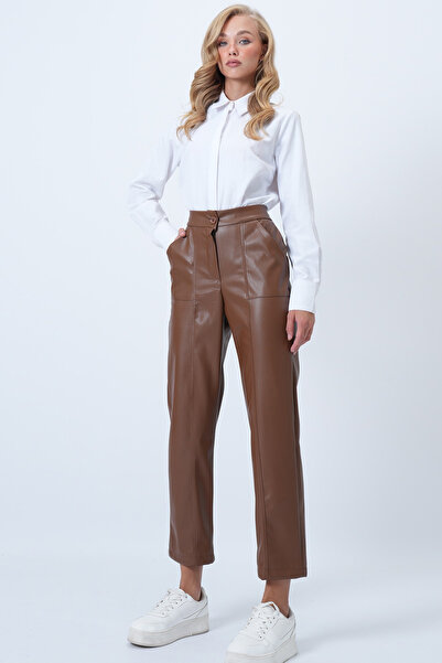 Trend Alaçatı Stili Dámské hnědé kožené kalhoty s dvojitými kapsami vpředu Alc-X14514