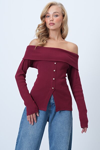 Trend Alaçatı Stili Women's Burgundy Madonna Collar Front Slit Knitted Blouse Alc-X14527