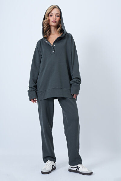 Trend Alaçatı Stili Women's Anthracite Hooded Snap Fastener Oversize Sweatshirt and Pants Bottom Top Set Alc-X12476