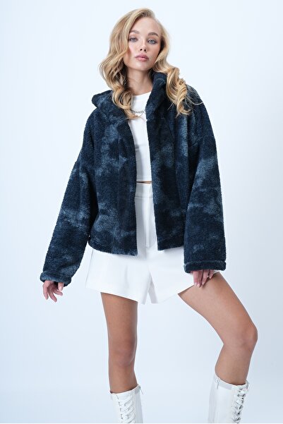 Trend Alaçatı Stili Kadın Antrasit Batik Desenli Kapüşonlu Peluş Ceket Alc-X14528