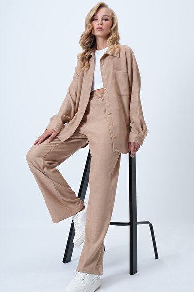 Trend Alaçatı Stili Women's Beige Textured Single Pocket Shirt and Pants Set Alc-X14448
