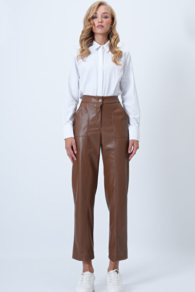 Trend Alaçatı Stili Dámské hnědé kožené kalhoty s dvojitými kapsami vpředu Alc-X14514