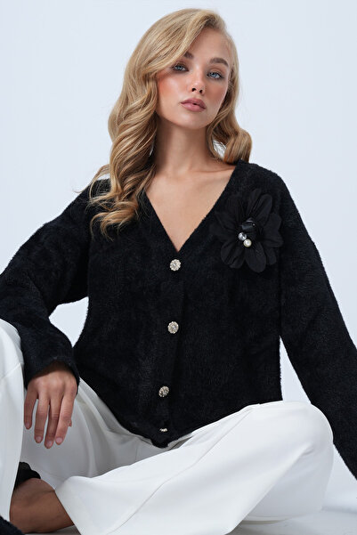 Trend Alaçatı Stili Schwarze Damen-Strickjacke aus Organza mit Blumenmuster und Steinknöpfen, weich, mit Bärten, Alc-X14487