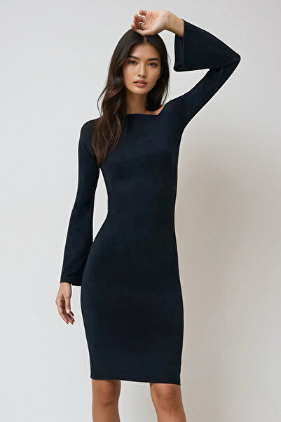 Trend Alaçatı Stili Kadın Siyah Asimetrik Yaka Beli Drapeli Sandy Elbise Alc-X14450