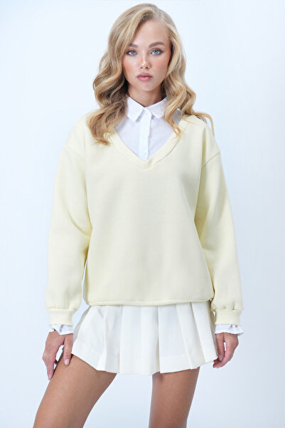 Trend Alaçatı Stili Γυναικείο πουκάμισο από βούτυρο κίτρινο χρώμα με λεπτομέρεια από ποπλίνα, φούτερ με 3 κλωστές Alc-X14518