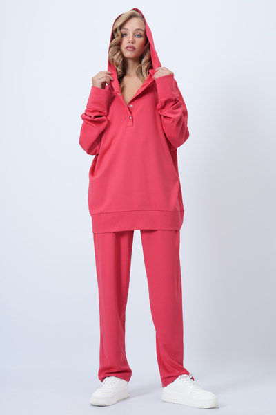 Trend Alaçatı Stili Women's Red Hooded Snap Fastener Oversize Sweatshirt and Pants Bottom Top Set Alc-X12476