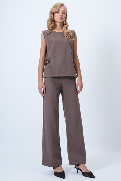 Trend Alaçatı Stili Women's Milk Coffee Crew Neck Leather Buckle Cashew Blouse and Palazzo Pants Set with Pockets Alc-X14444