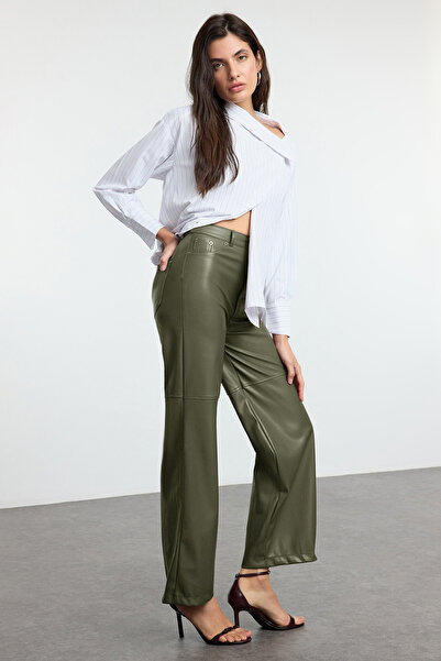 Trendyol Collection Khaki Relaxed/Comfortable Straight/Pipe Leg Seam Detailed Knitted Leather Pants Twoaw25Pl00068