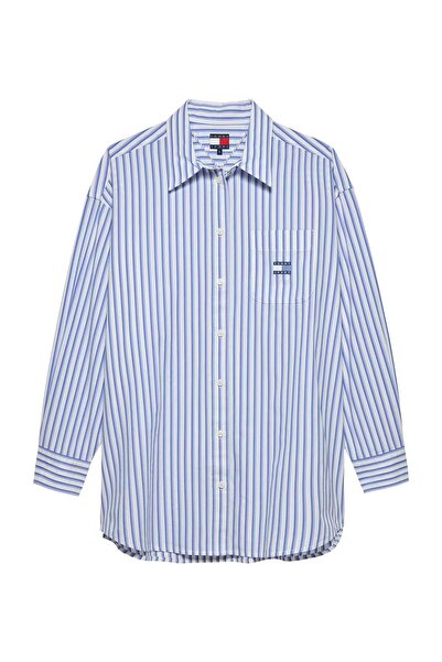 Tommy Hilfiger Kadın Çizgili Uzun Kollu Pamuklu Gömlek – Mavi Beyaz