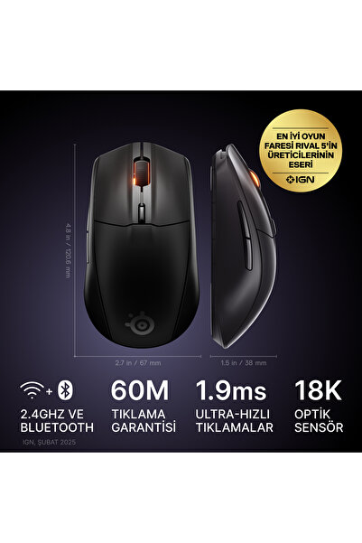SteelSeries Rival 3 Wireless Gen 2 Kablosuz Optik 6 Tuş 8500DPI Siyah Gaming (Oyuncu) Mouse