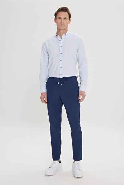 AC&Co / Altınyıldız Classics Erkek Lacivert Slim Fit Dar Kesim Beli Bağlamalı Yan Cep Gofre Desenli Pantolon