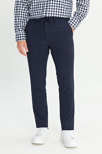 AC&Co / Altınyıldız Classics Men's Navy Blue Slim Fit Slim Fit Casual Jogger Trousers with Tie Waist and Striped Side Pockets