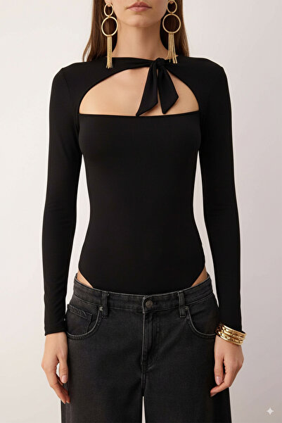 Trendyol Collection Black Tie-Up Asymmetric Neckline Knitted Body Tpraw26Bd00023