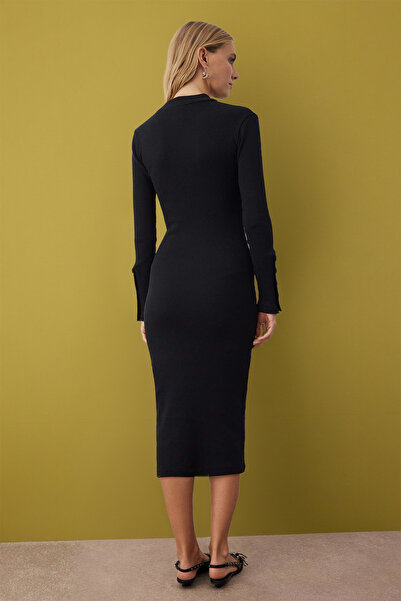 Trendyol Collection Black Stand Collar Fitted/Slim Fit Button Midi Knitted Dress Twoaw26El00218