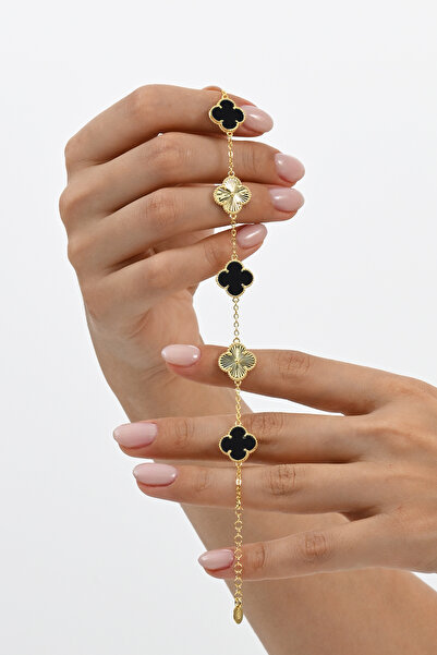 Söğütlü Silver Gümüş altın yaldızlı siyah sedef taşlı tasarım yonca bileklik SGTL12560SIYAH