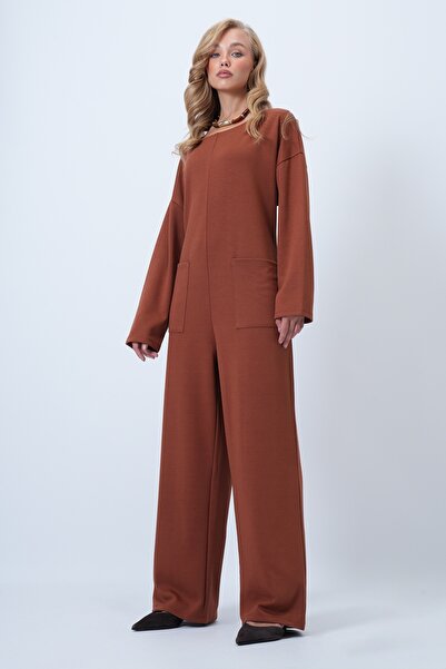 Trend Alaçatı Stili Damen-Overall mit Fliesenmuster, Rundhalsausschnitt, Reißverschluss hinten und entspannter Passform ALC-X14554