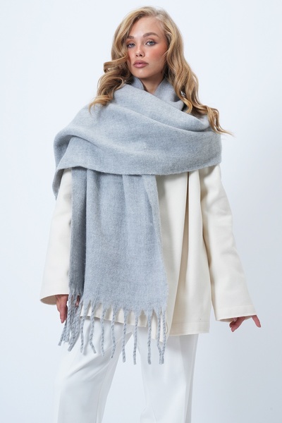 Trend Alaçatı Stili Grauer Winterschal aus Wollmischung mit Fransen für Damen ALC-X14581