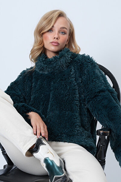 Trend Alaçatı Stili Дамска блуза с висока яка от флис в цвят петролно зелено ...