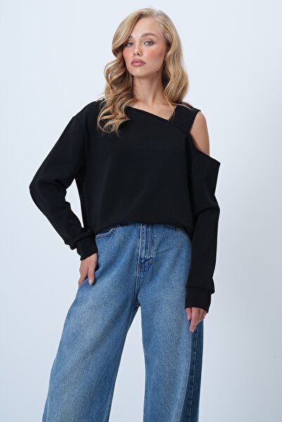 Trend Alaçatı Stili Women's Black Asymmetrical Cut Shoulder Band Detailed Knitted Blouse Alc-X14574