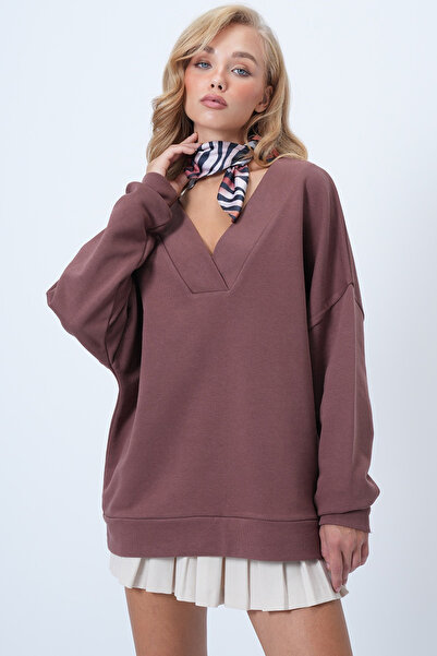Trend Alaçatı Stili Дамска кафява блуза с V-образно деколте и пресечени рамене ALC-X14555
