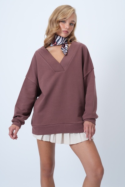 Trend Alaçatı Stili Дамска кафява блуза с V-образно деколте и пресечени рамене ALC-X14555