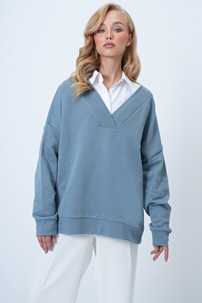 Trend Alaçatı Stili Women's Painted Gray V-Neck Double-Breasted Oversized Sweatshirt Alc-X14555